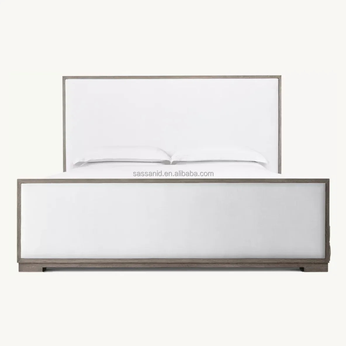 Modena Platform Bed – Tufted Fabric Framed Panel – Grey Oak European Luxury