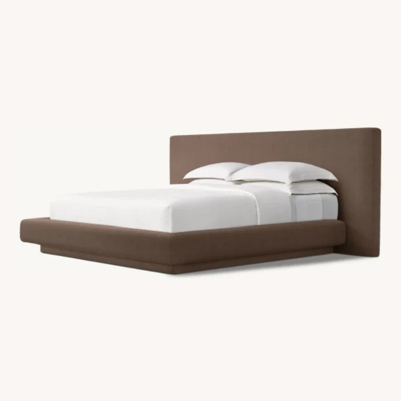 Upholstered Panel Bed with Extended Headboard – Linen Fabric Mulholland Mid-Century Modern Statement Piece