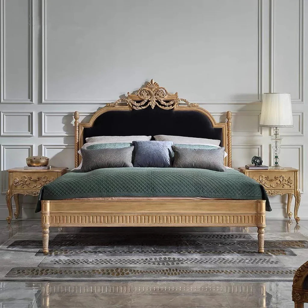 Upholstered Bed with Retro Carved Detail in Velvet – French Provincial Design