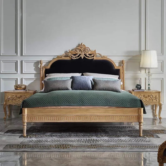 Upholstered Bed with Retro Carved Detail in Velvet – French Provincial Design