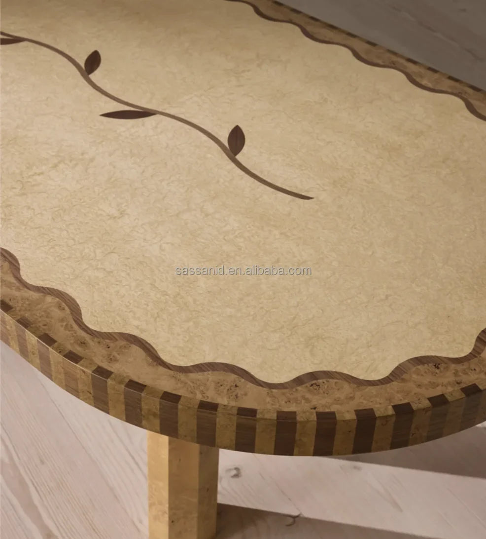 Marella Dining Table 94.5in – Contemporary Madrone Burl Veneer Statement Piece