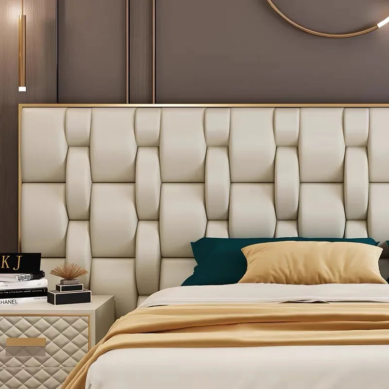 Italian Designer Upholstered Bed – Wide-screen Leather Headboard, Metal Statement Piece | q-020528