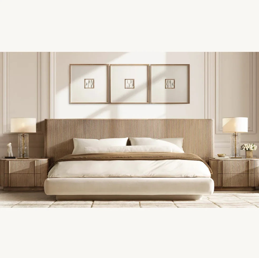Extended Panel Bed – Sculptural Upholstered Headboard in Oak Frame