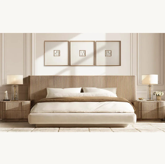 Extended Panel Bed – Sculptural Upholstered Headboard in Oak Frame