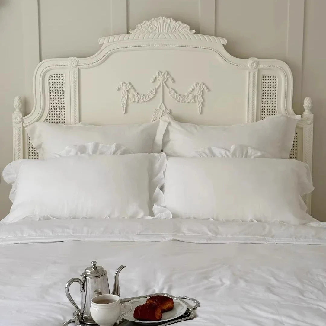 French Carved Bed – Rattan Princess Headboard in Cream White Solid Birch