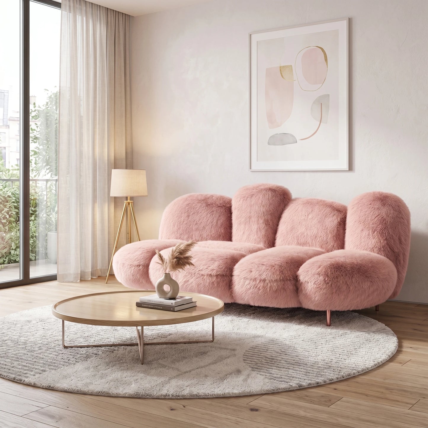 Modern Faux Fur Living Room Set in Pink