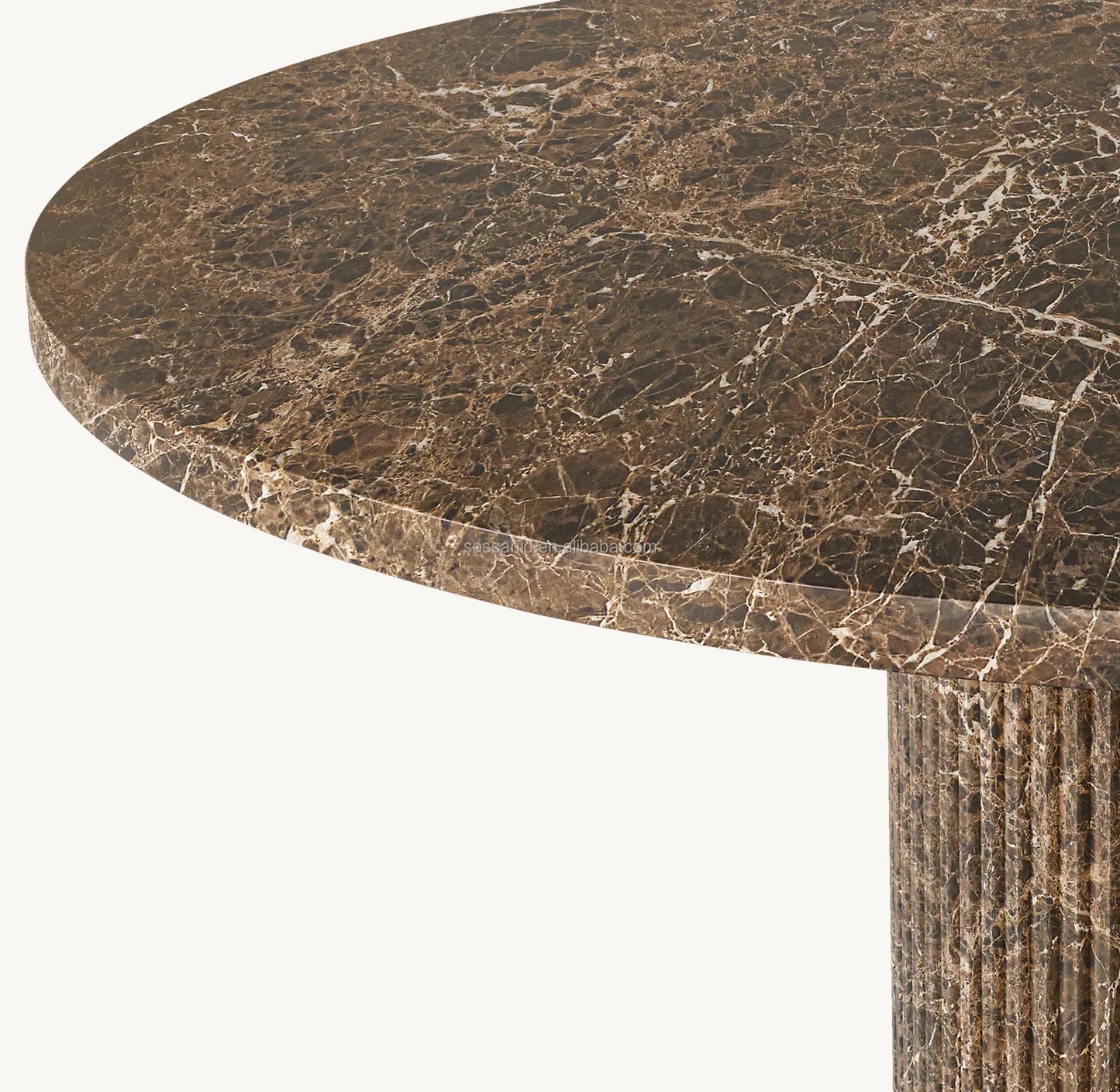Sassanid Round Dining Table – Reeded Stone Base, Brown Emperador Marble