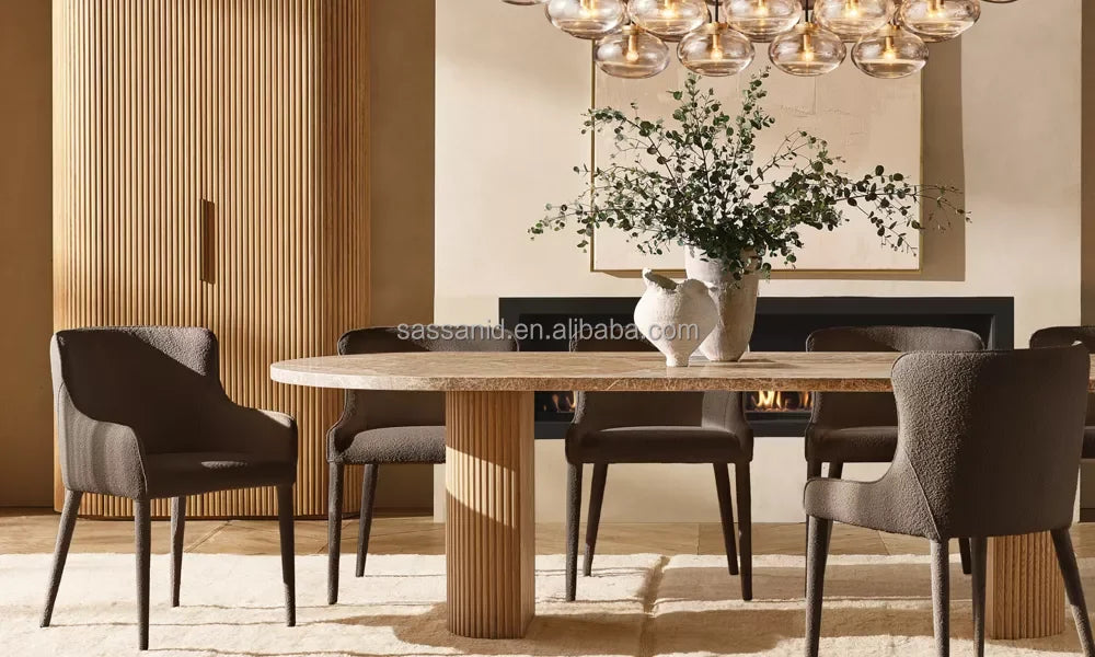 Byron Dining Table – Emperador Marble Inlay – Solid Oak Statement Piece