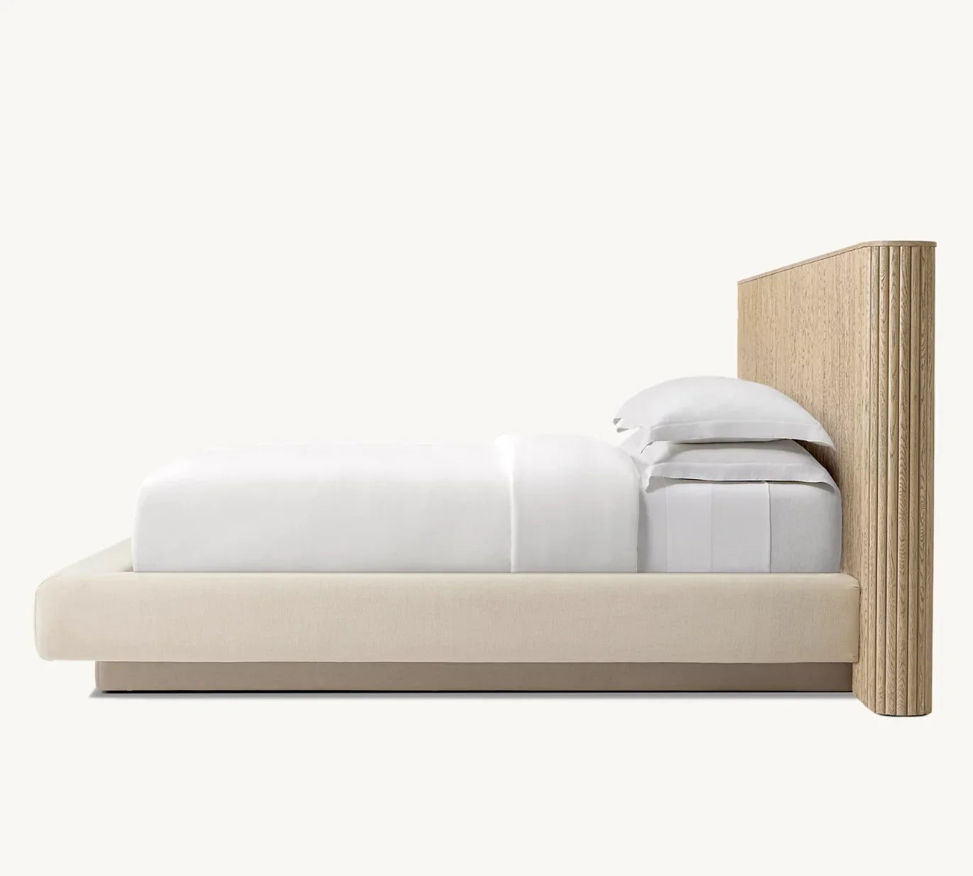 Extended Panel Bed – Sculptural Upholstered Headboard in Oak Frame