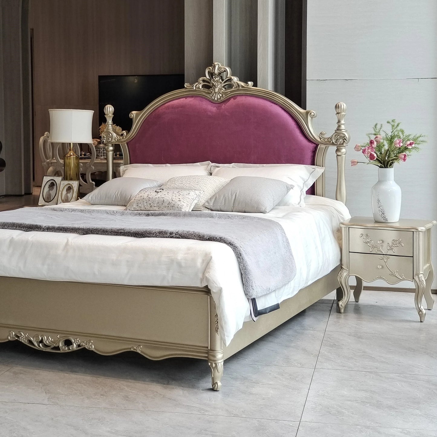 Upholstered Bed with Carved Solid Wood Frame – Velvet Vintage Statement Piece | 26-276