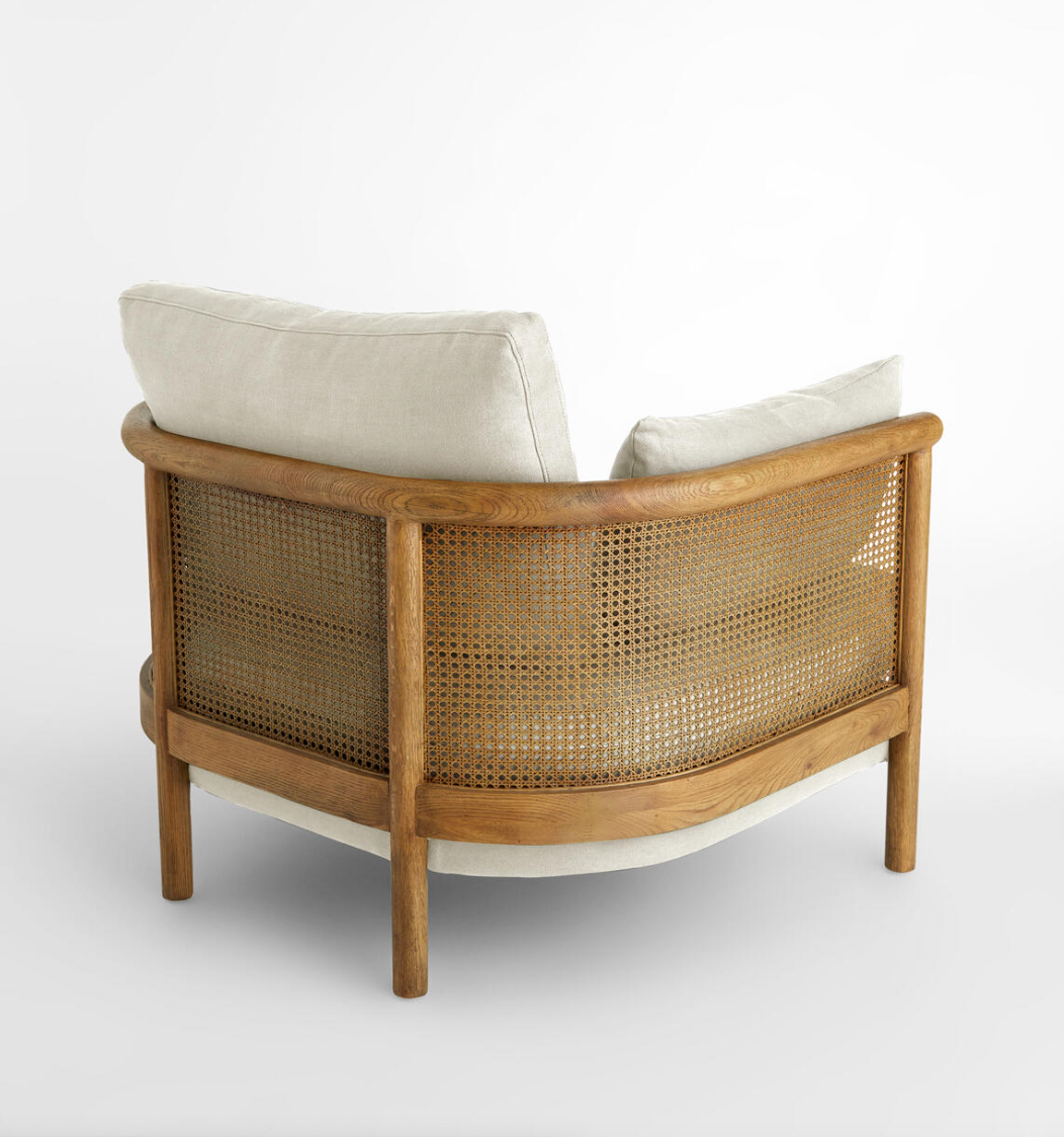1960s-Style Armchair – Mid-Century Modern Linen – Solid Oak Frame Statement Piece