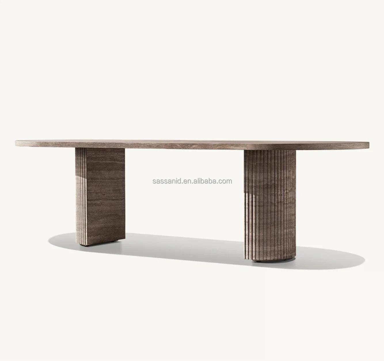 Dining Table – Sassanid Reeded Stone Base in Silver Travertine – Luxury Contemporary Piece