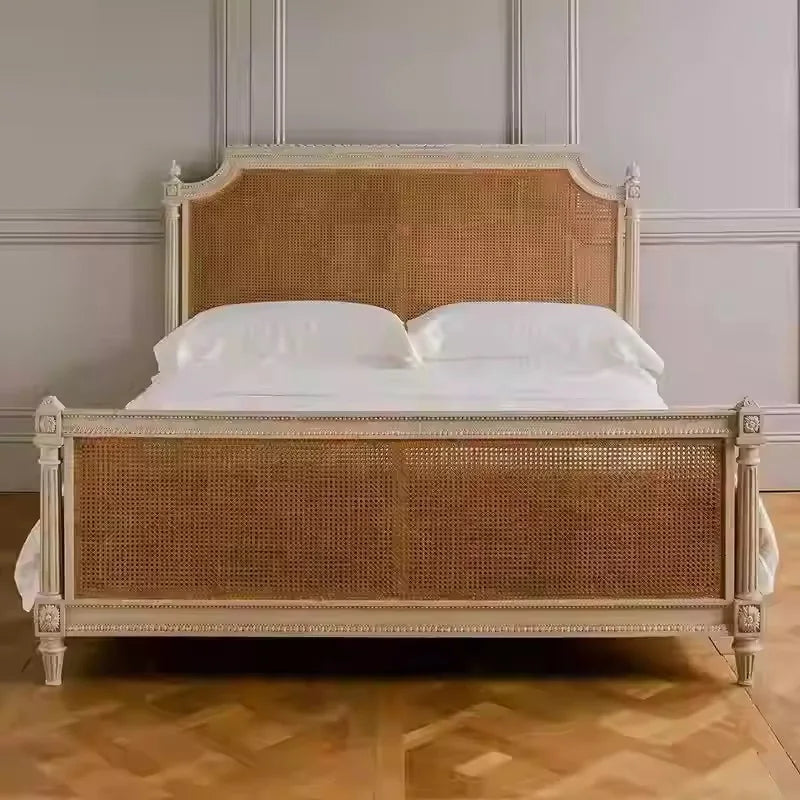 French Rattan Solid Wood Bed – American Vintage Double Bedroom | Q-02053