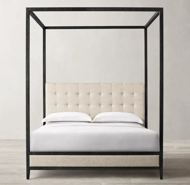 Canopy Bed – Fabric Tufted Panel – Oak Frame – French Contemporary | 1600850997524