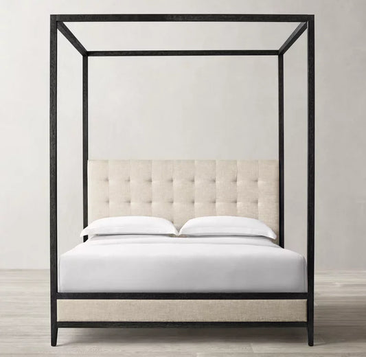 Canopy Bed – Fabric Tufted Panel – Oak Frame – French Contemporary | 1600850997524