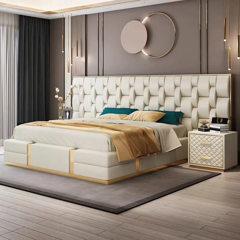 Italian Designer Upholstered Bed – Wide-screen Leather Headboard, Metal Statement Piece | q-020528