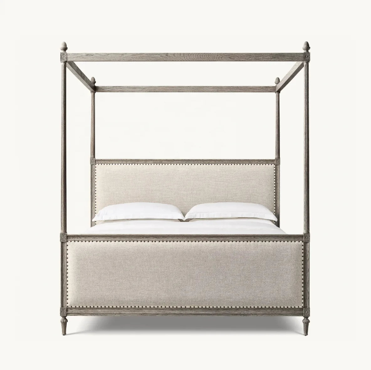 18th-Century French Canopy Bed – Antiqued Grey Oak Fabric Panel