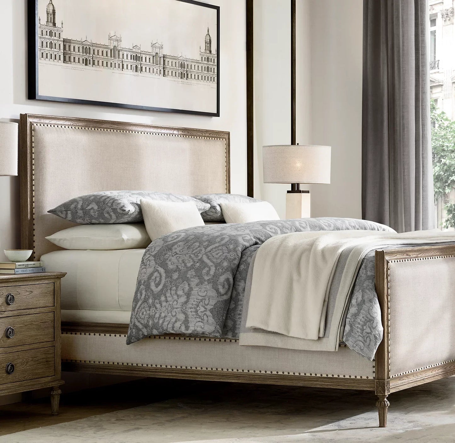 French Antique Maison Fabric Panel Bed – Antiqued Oak Statement Piece