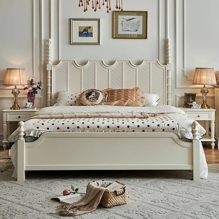 French Cream White Bed – Retro Design – Solid Birch Wood – Master Bedroom Statement Piece