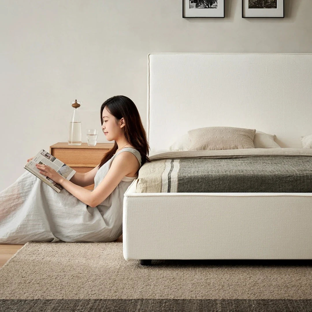 Wabi-Sabi Upholstered Bed – Minimalist Platform Frame Linen Fabric Designer Piece