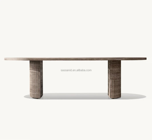 Dining Table – Sassanid Reeded Stone Base in Silver Travertine – Luxury Contemporary Piece