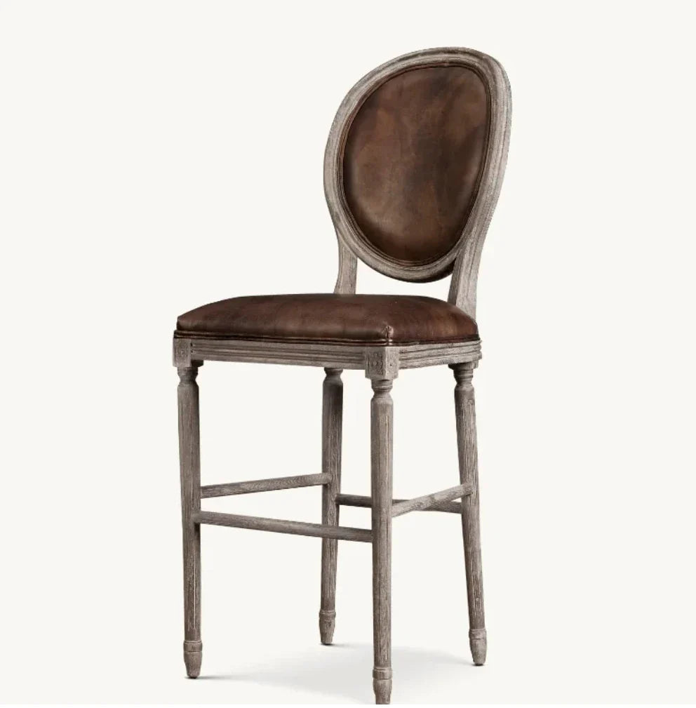 Vintage French Contemporary Bar & Counter Stool – Round Back Solid Oak & Leather Statement Piece