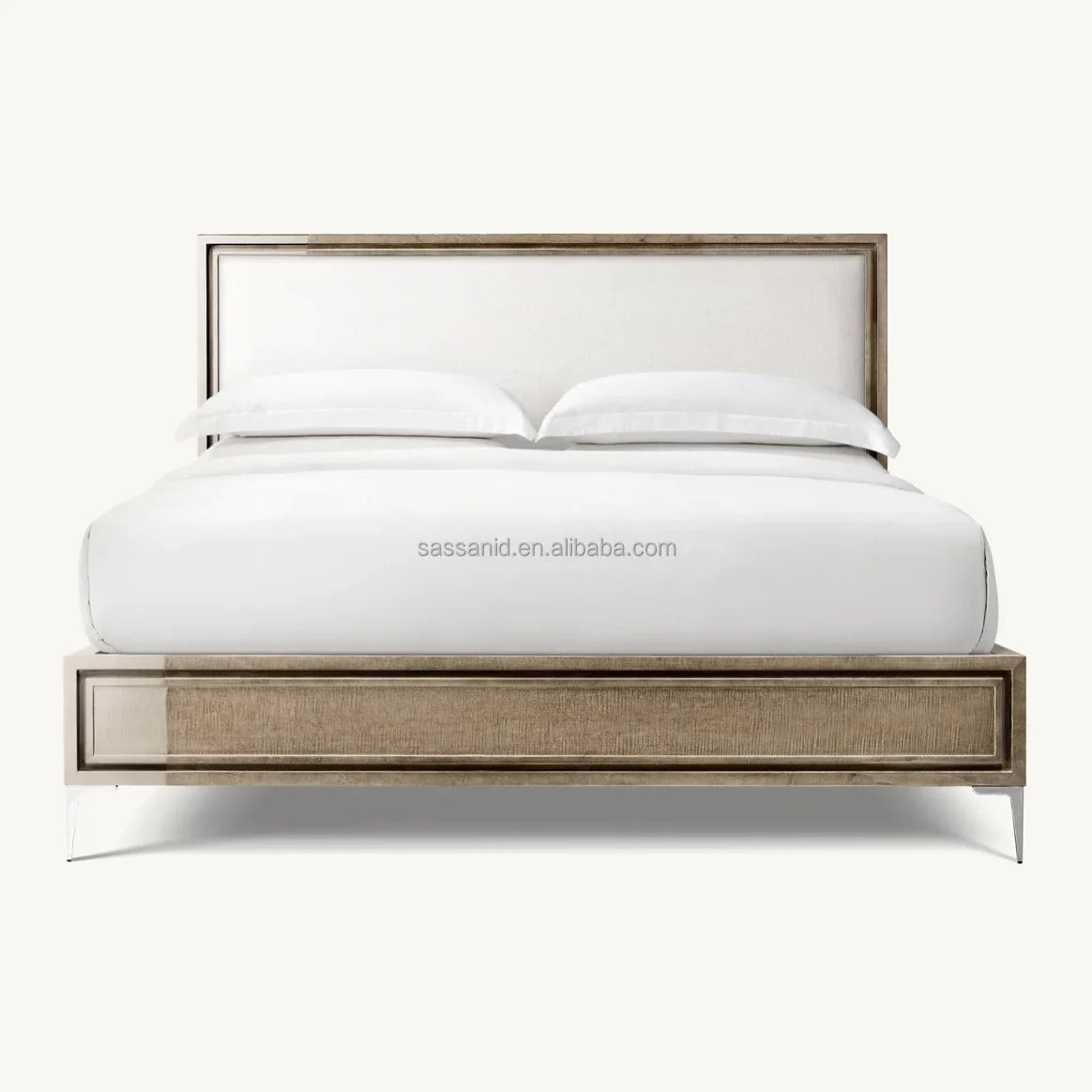 Benoit Upholstered Panel Bed – Lacquered Wood and Polished Stainless Steel