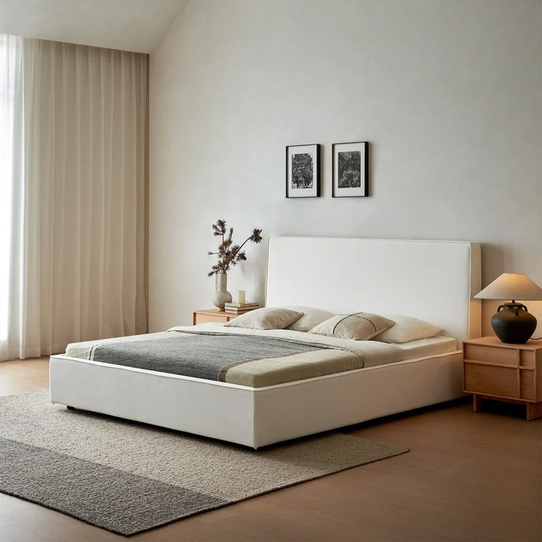 Wabi-Sabi Upholstered Bed – Minimalist Platform Frame Linen Fabric Designer Piece