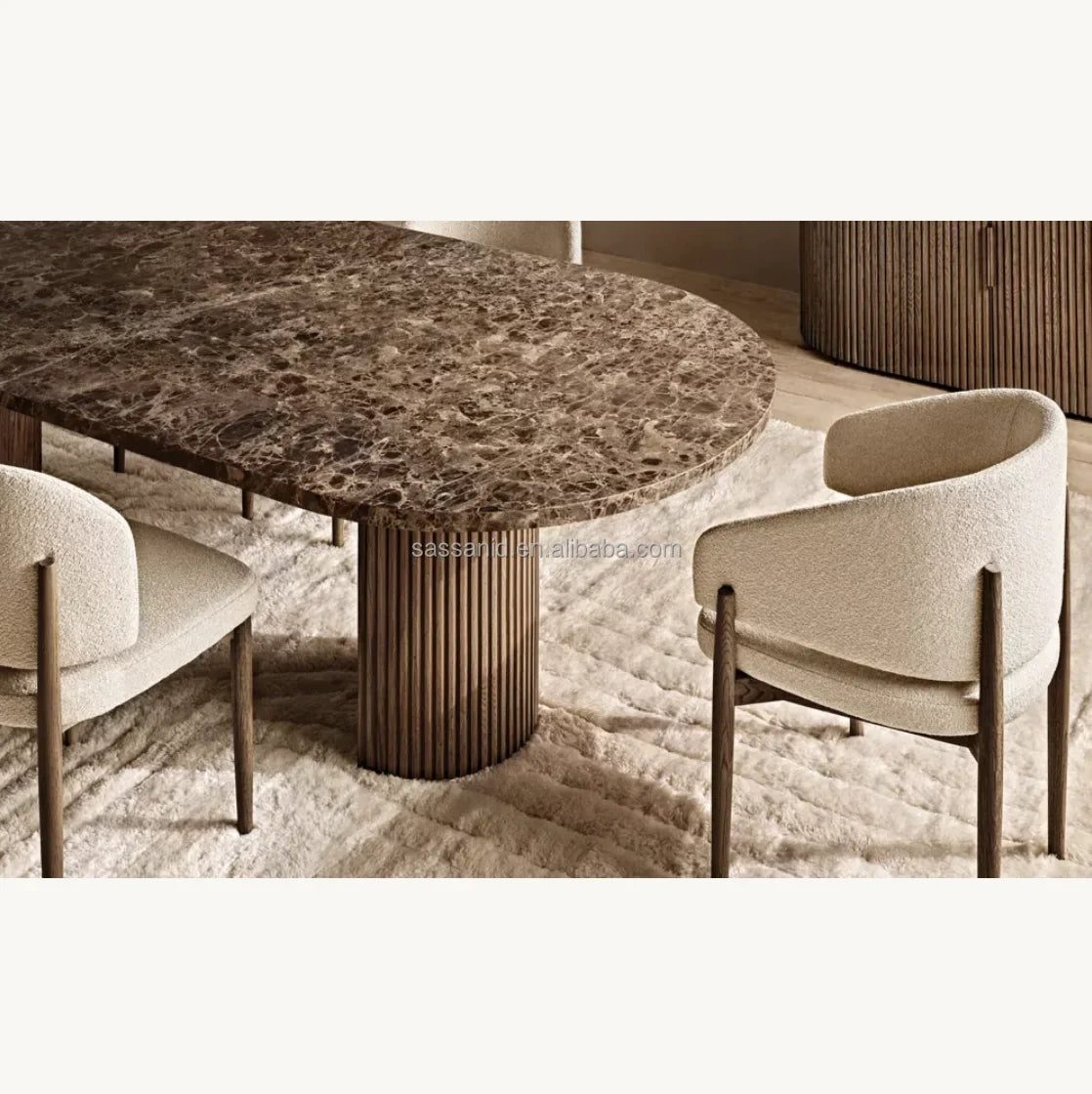 Byron Dining Table – Emperador Marble Inlay – Solid Oak Statement Piece