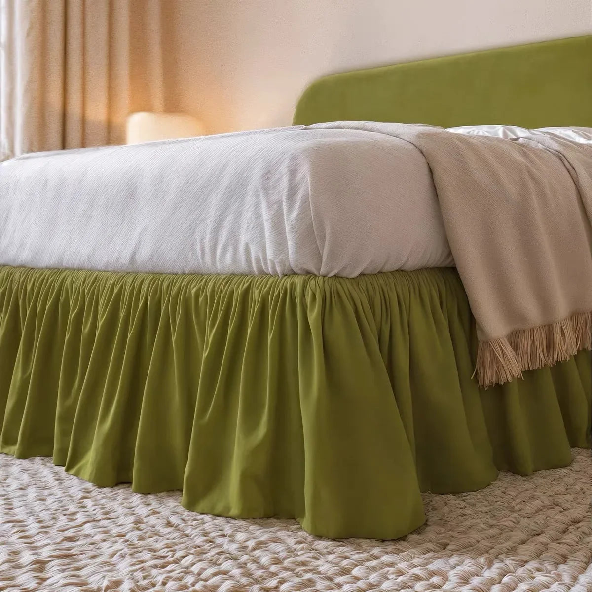 Velvet Upholstered Bed – Retro Hemmed Green Finish French Minimalist Statement Piece