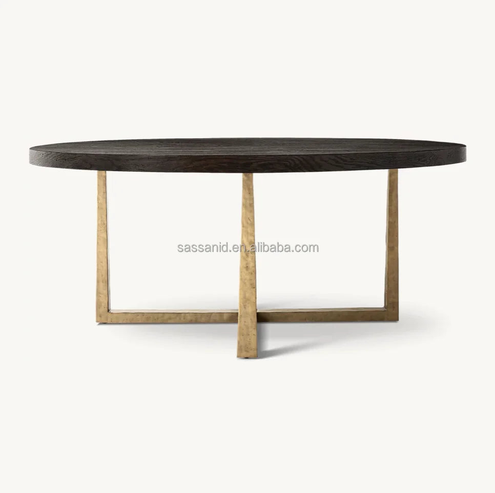 T-Brace Round Dining Table – Waxed Brown Oak & Brass Bauhaus Piece