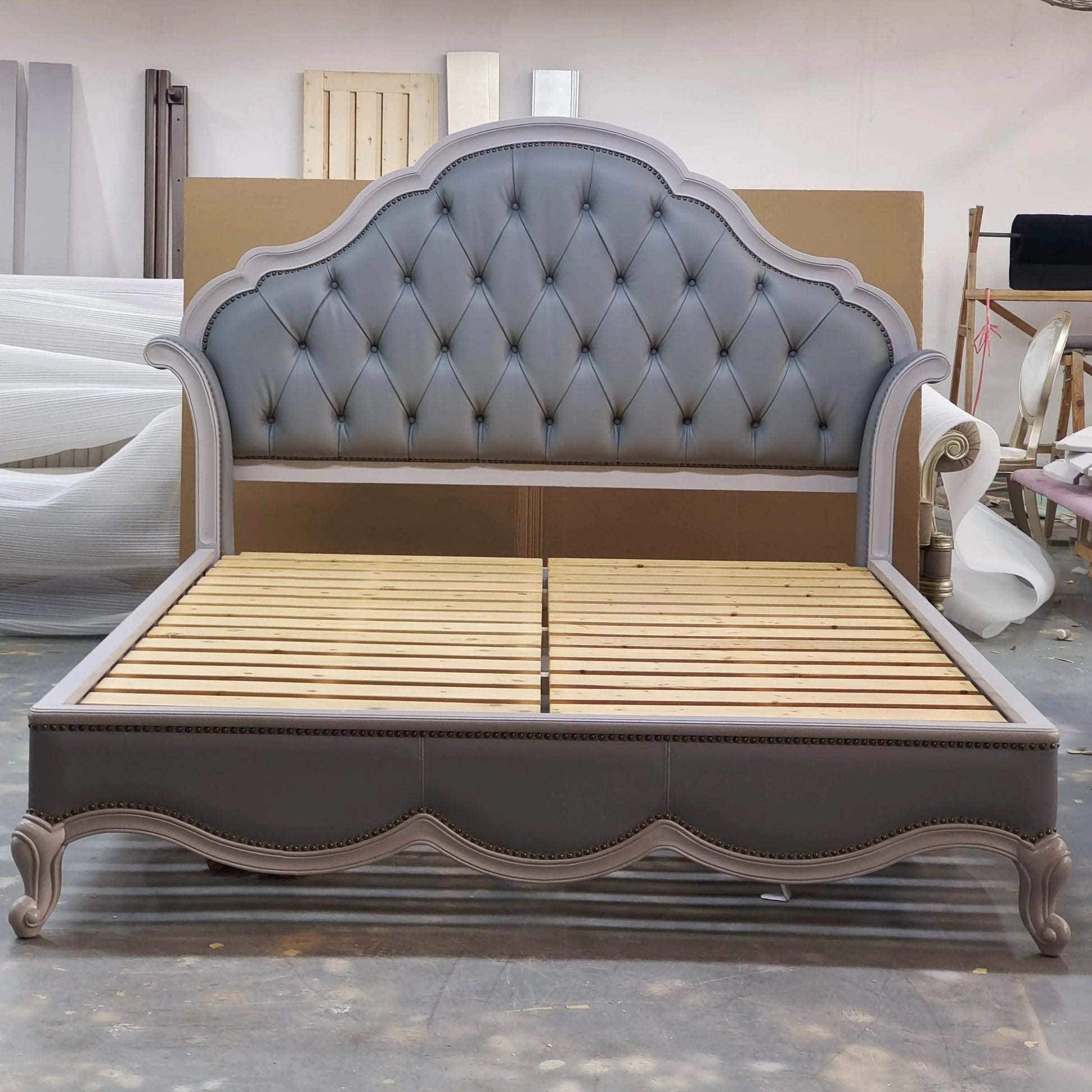 French Retro Solid Wood Bed – Curved Carved Design with Nail Trim