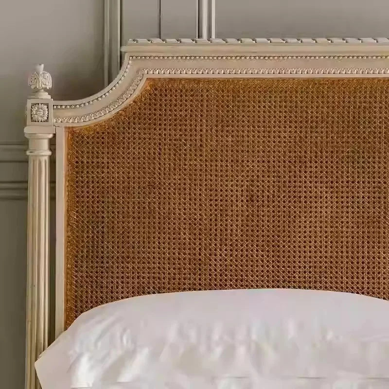 French Rattan Solid Wood Bed – American Vintage Double Bedroom | Q-02053