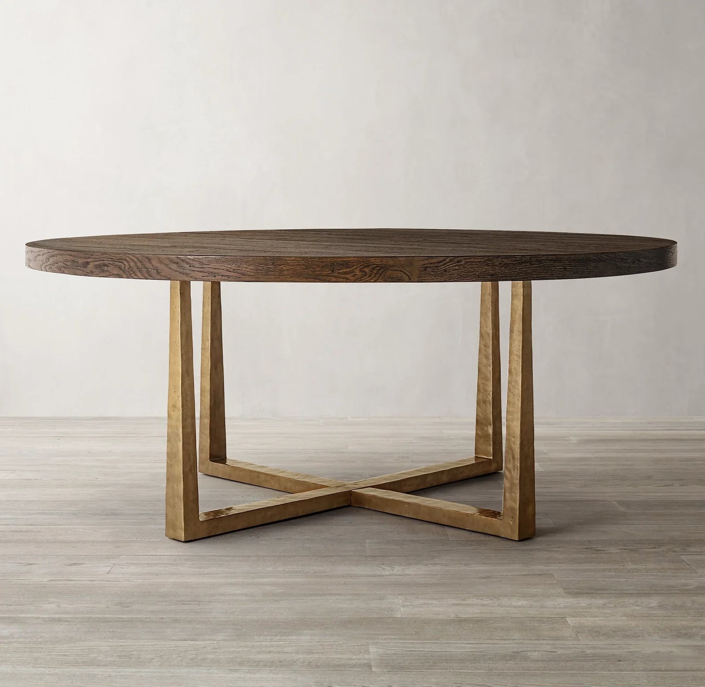 T-Brace Round Dining Table – Waxed Brown Oak & Brass Bauhaus Piece