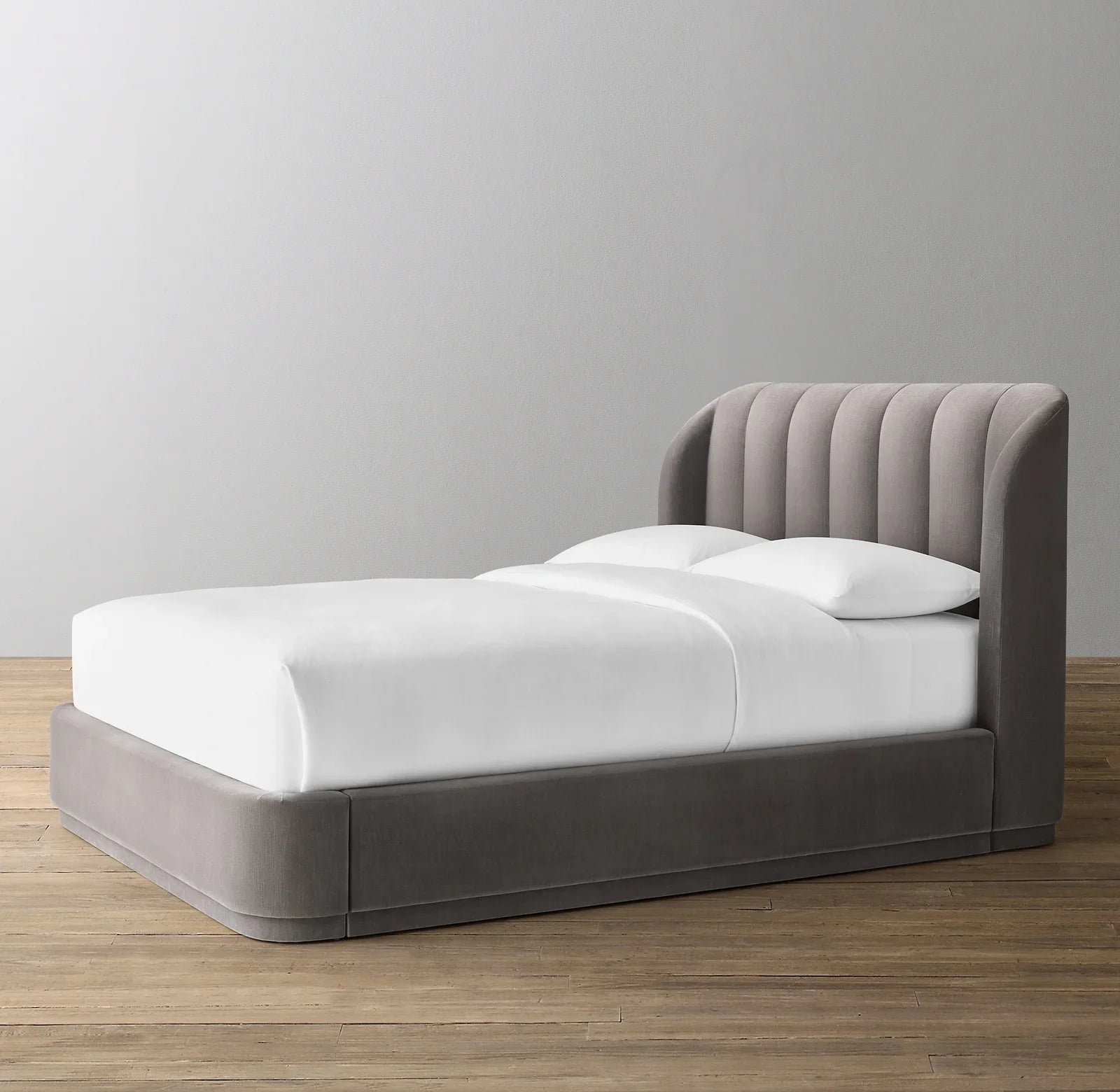 Platform Bed – Slipcovered Velvet Headboard – Art Moderne Statement Piece