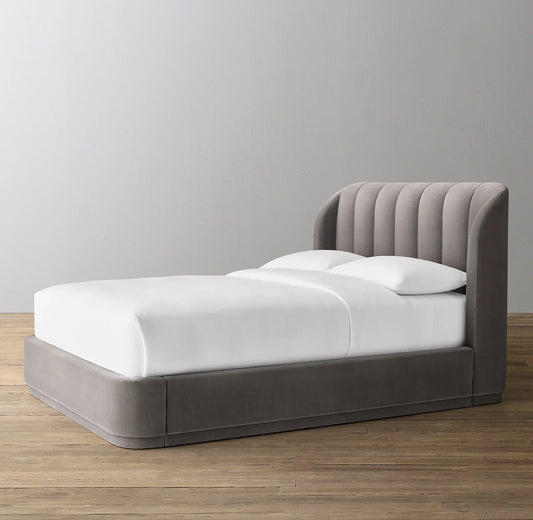 Platform Bed – Slipcovered Velvet Headboard – Art Moderne Statement Piece