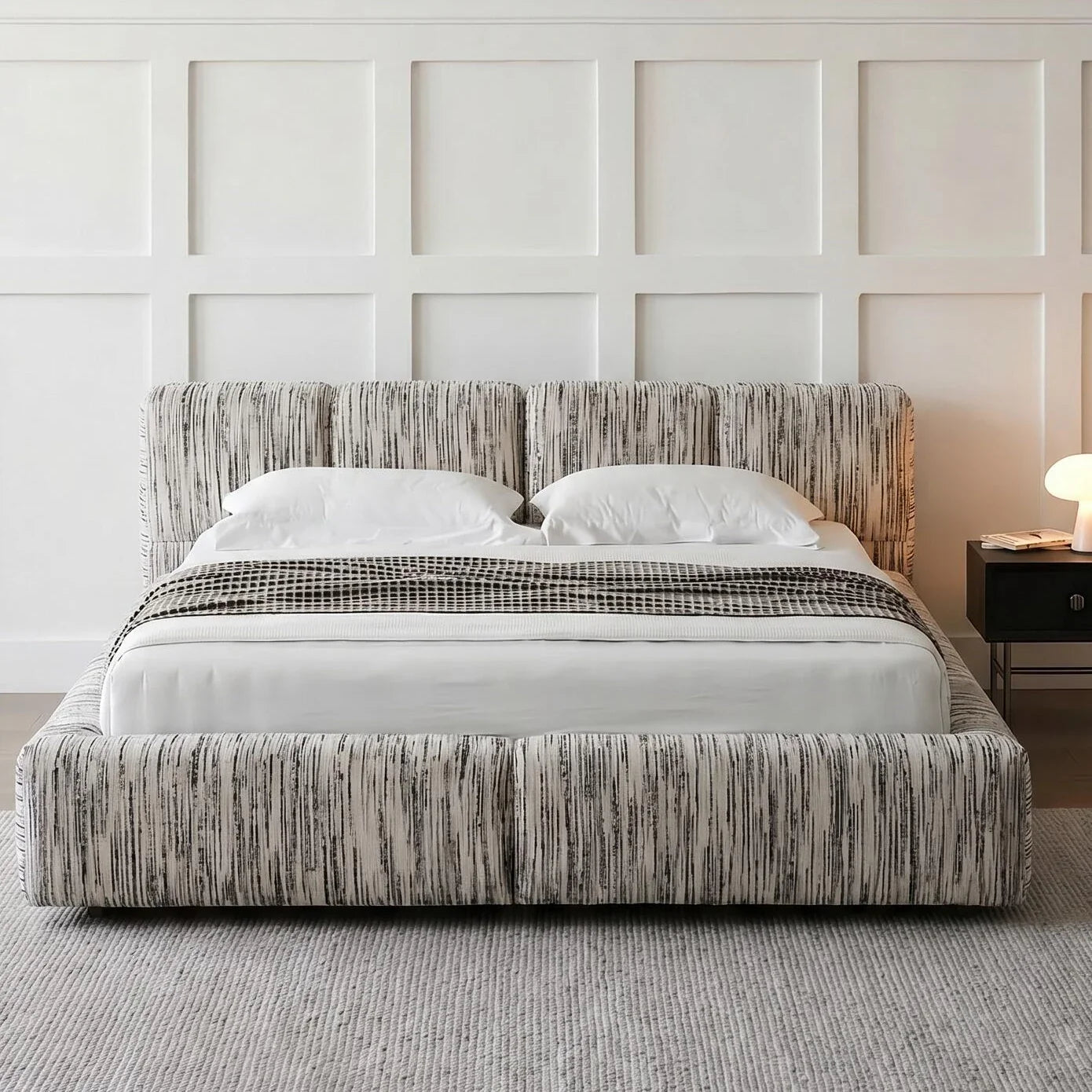 Striped Fabric Bed – Wood Frame European Contemporary Statement Piece