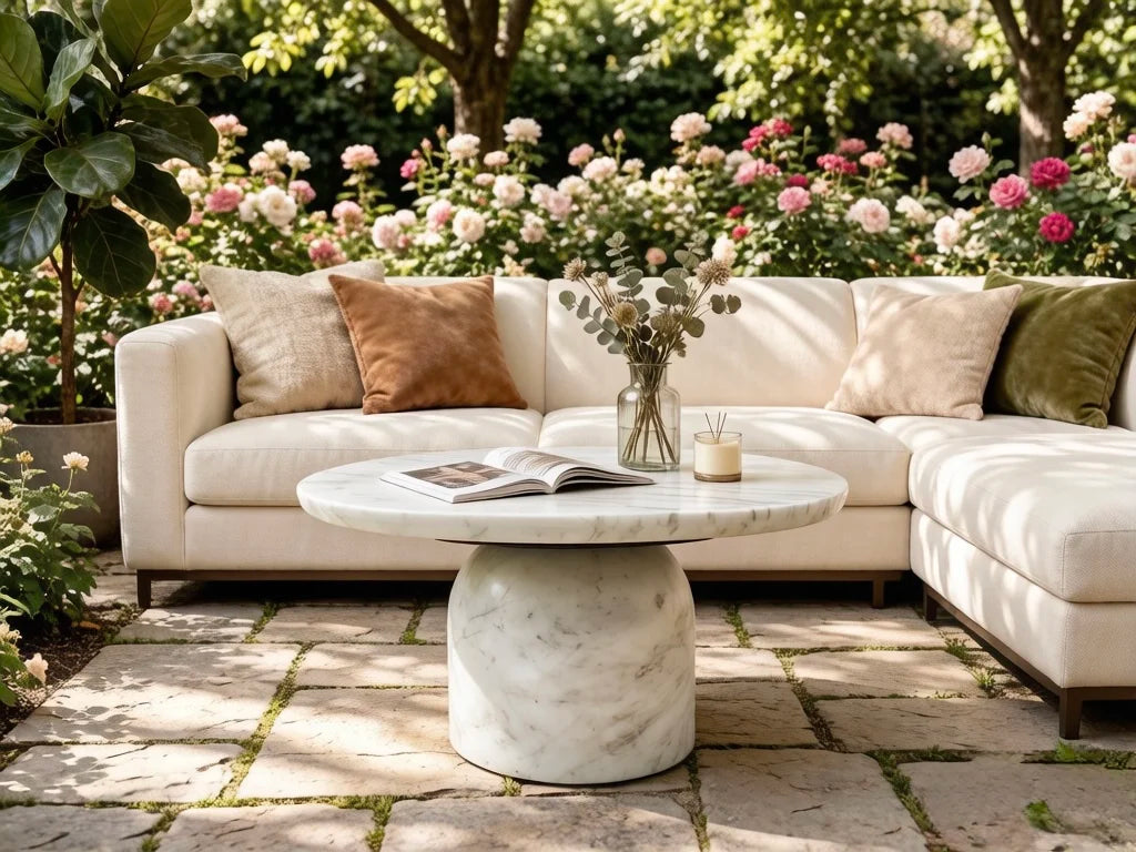 Luxury Round Natural Marble Coffee Table Solid Base Modern Minimalist Italian Style
