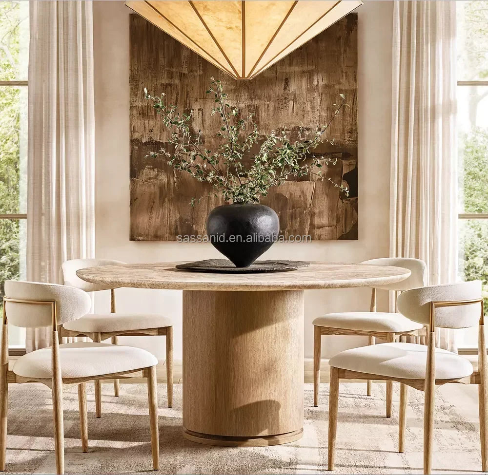 Round Dining Table, Emperador Marble and Brushed Oak – Mid-Century Statement Piece