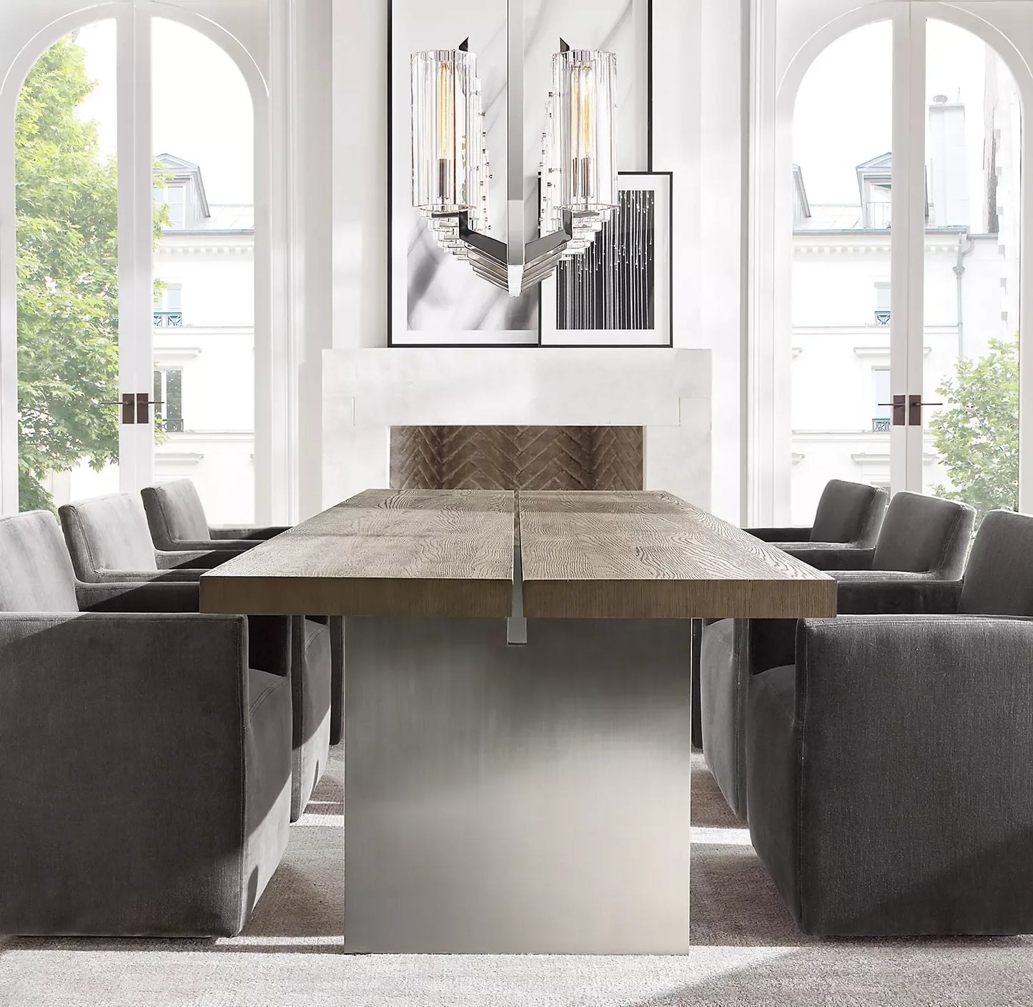 Mid-Century Channel Dining Table 72-96 Inch – Grey Oak and Brushed Pewter – Designer Statement Piece