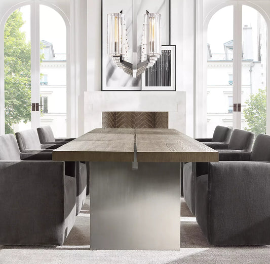 Mid-Century Channel Dining Table 72-96 Inch – Grey Oak and Brushed Pewter – Designer Statement Piece