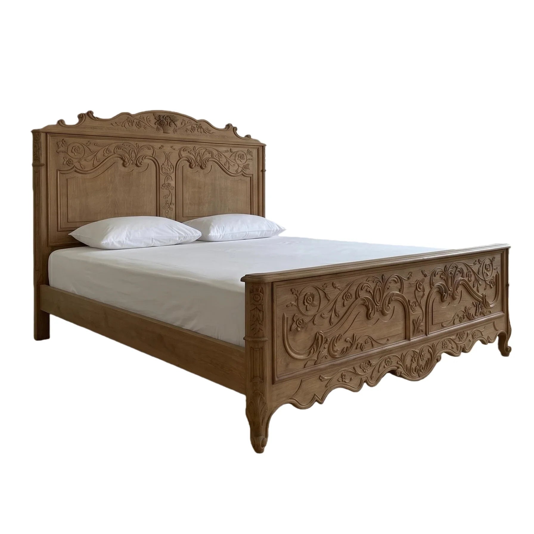 French Retro Carved Bed – Solid Ash Wood Statement Piece