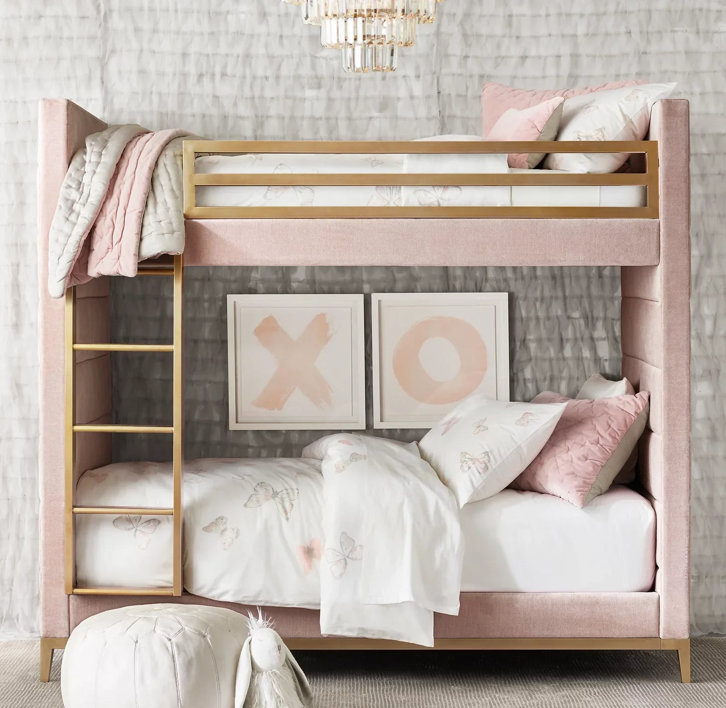 Pfeiffer Channel Upholstered Bunk Bed – Velvet Pink Leather Art Moderne Statement Piece