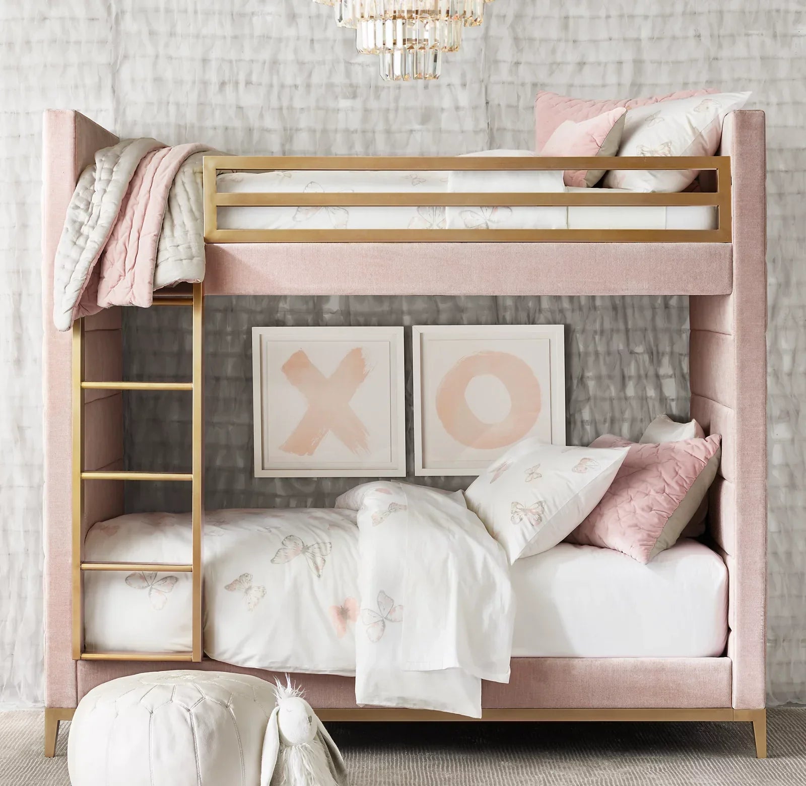 Pfeiffer Channel Upholstered Bunk Bed – Velvet Pink Leather Art Moderne Statement Piece