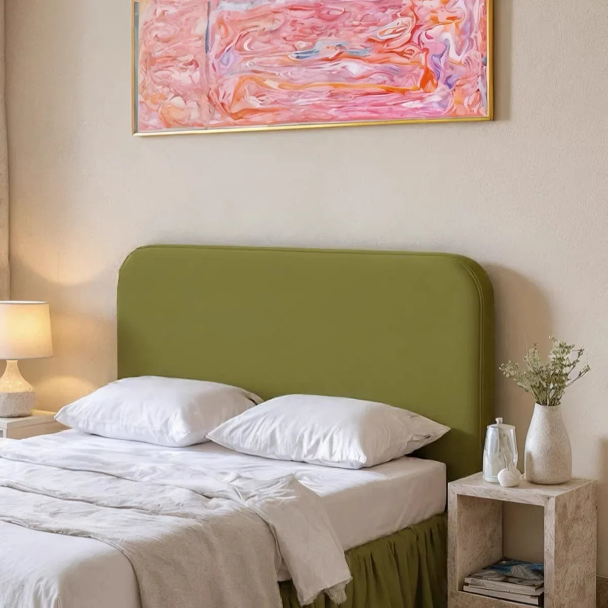 Velvet Upholstered Bed – Retro Hemmed Green Finish French Minimalist Statement Piece
