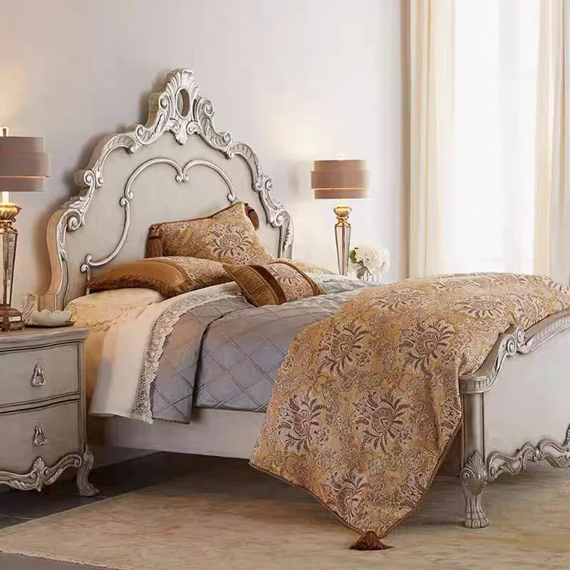French-Style Carved Bed – Solid Wood Vintage Artisan Statement Piece