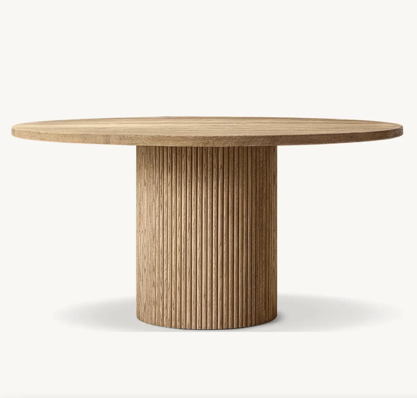 Mulholland Round Dining Table – Sculptural Minimalist Wire-Brushed American Oak Statement Piece