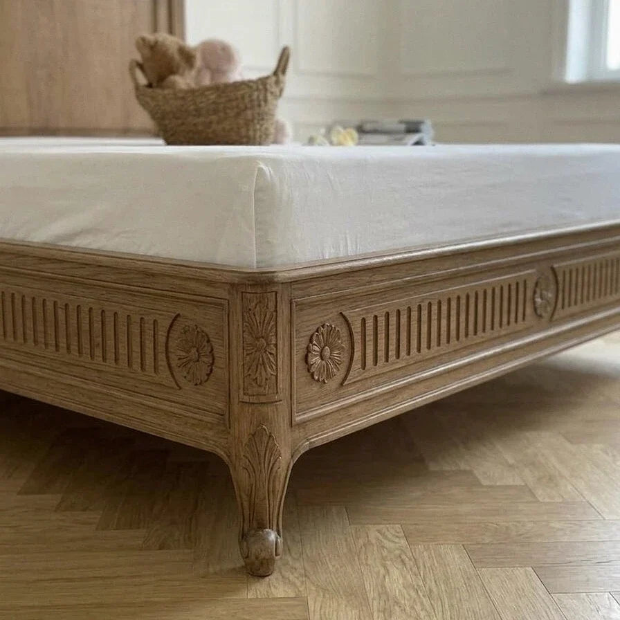 French Retro Carved Bed – Antique Birch Solid Wood Statement Piece | 26-31