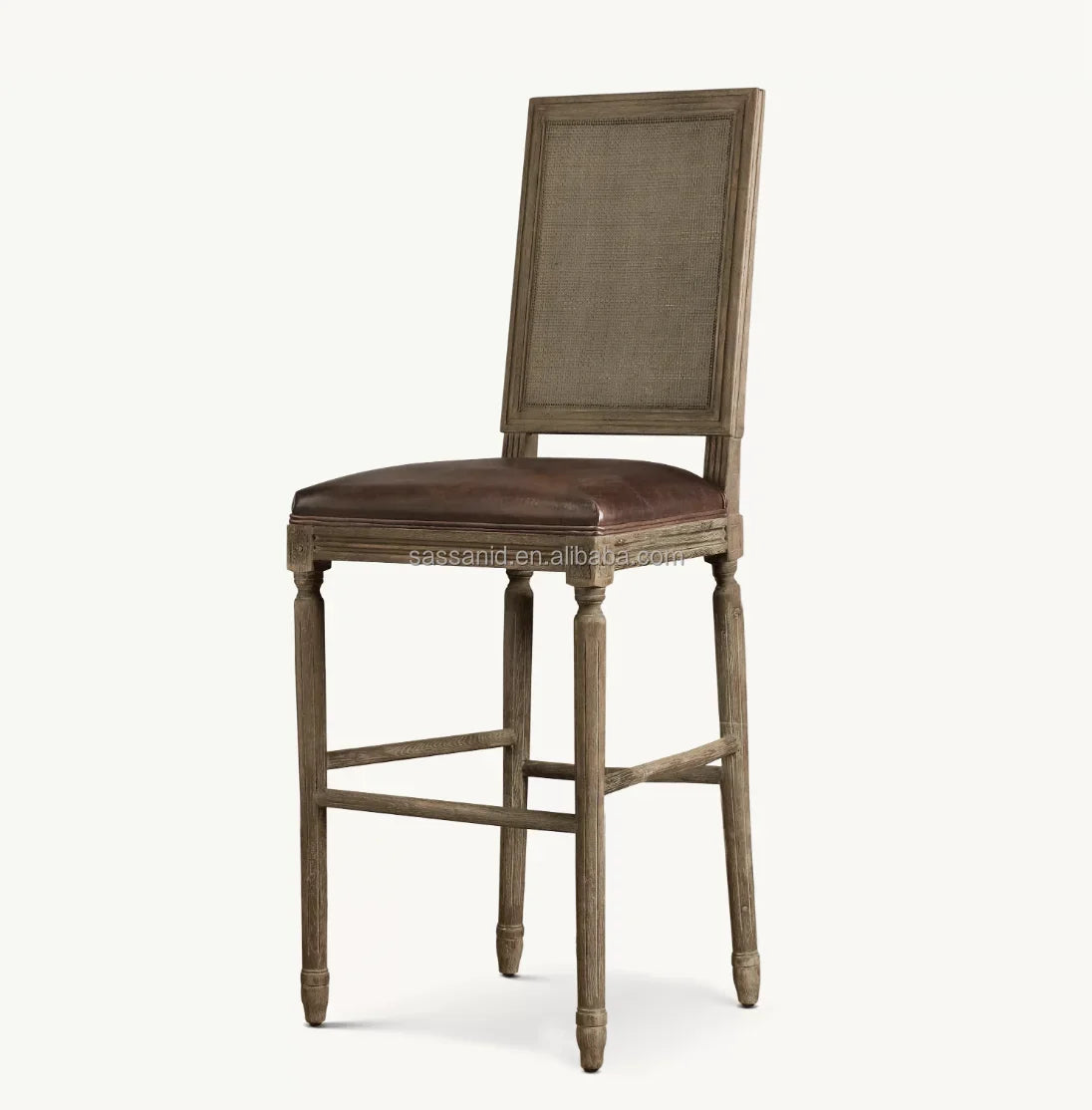 Vintage French Cane Back Bar Stool – Waxed Grey Oak & Leather Statement Piece