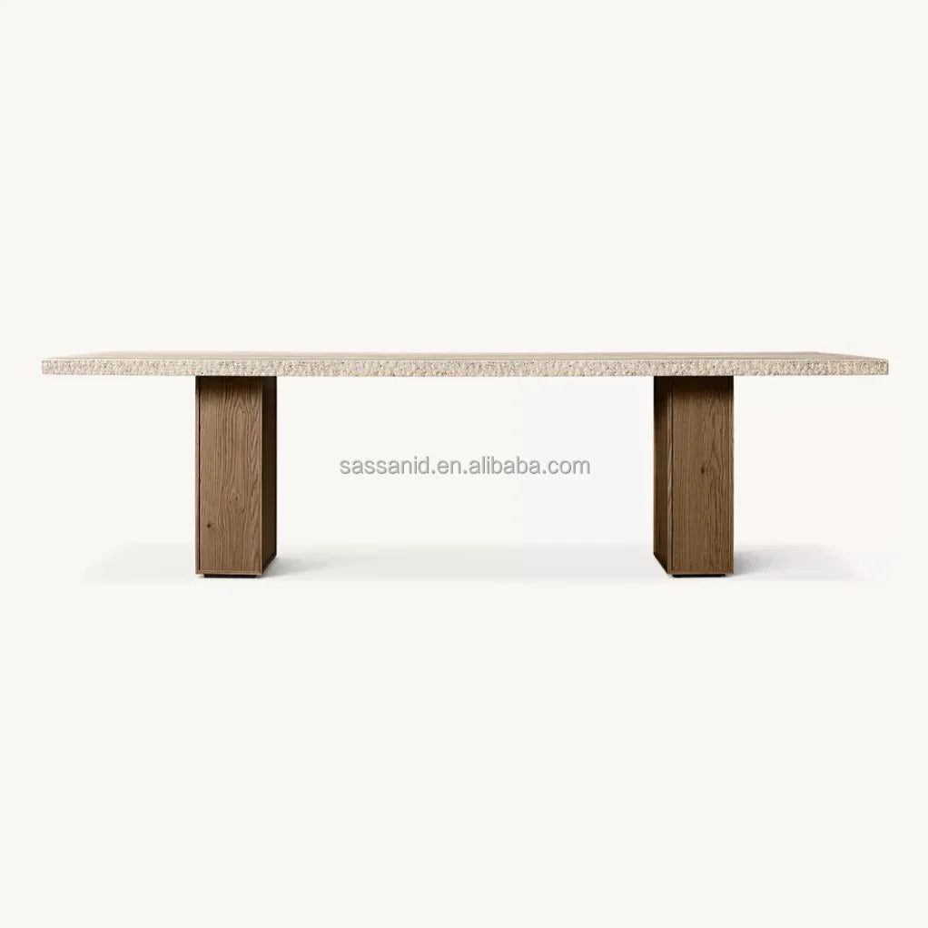Travertine Top Dining Table – Stone & Wood – Minimalist | 1601660757910